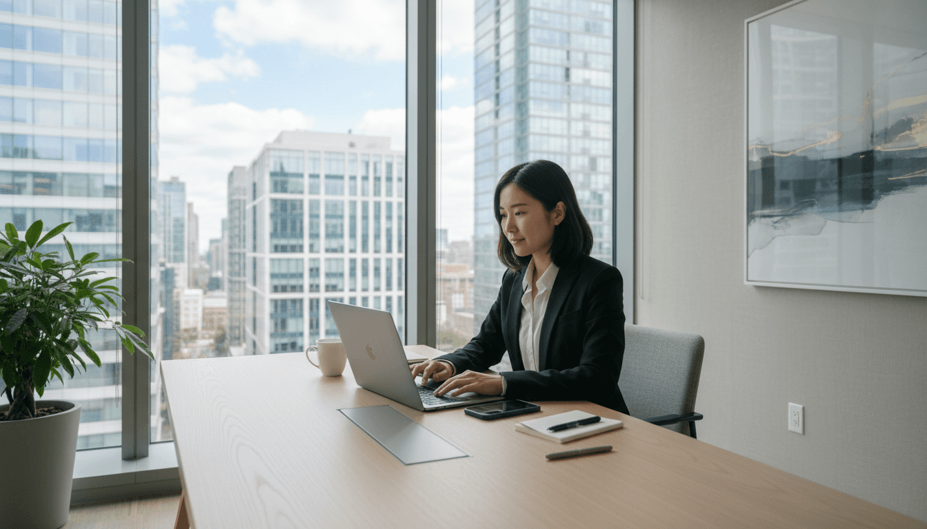 Person working at desk with phone and laptop in office setting