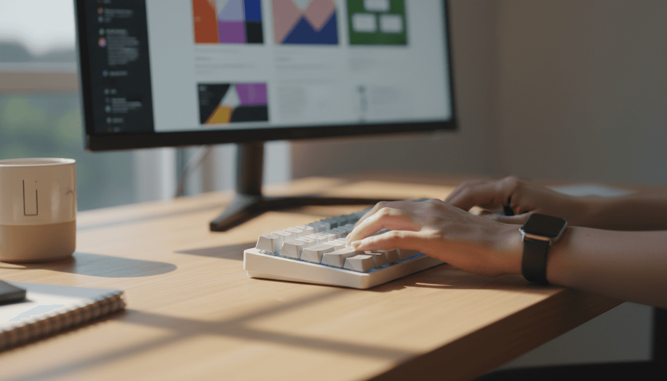 Hands typing on keyboard at a web design workspace